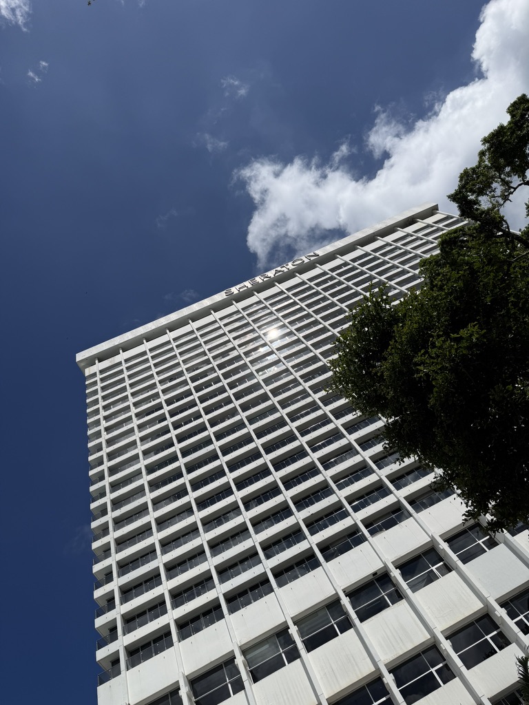 The white tower of the Sheraton Grand seen from below against a deep blue sky, a tree in the corner