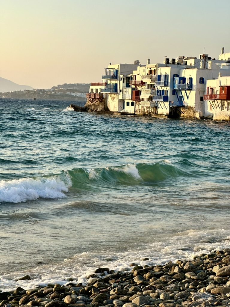 Little Venice in Mykonos, waves breaking in the evening light